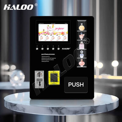 Haloo wall-mounted perfume spray vending machine can hold four different fragrances and features five sample buttons for tabletop use